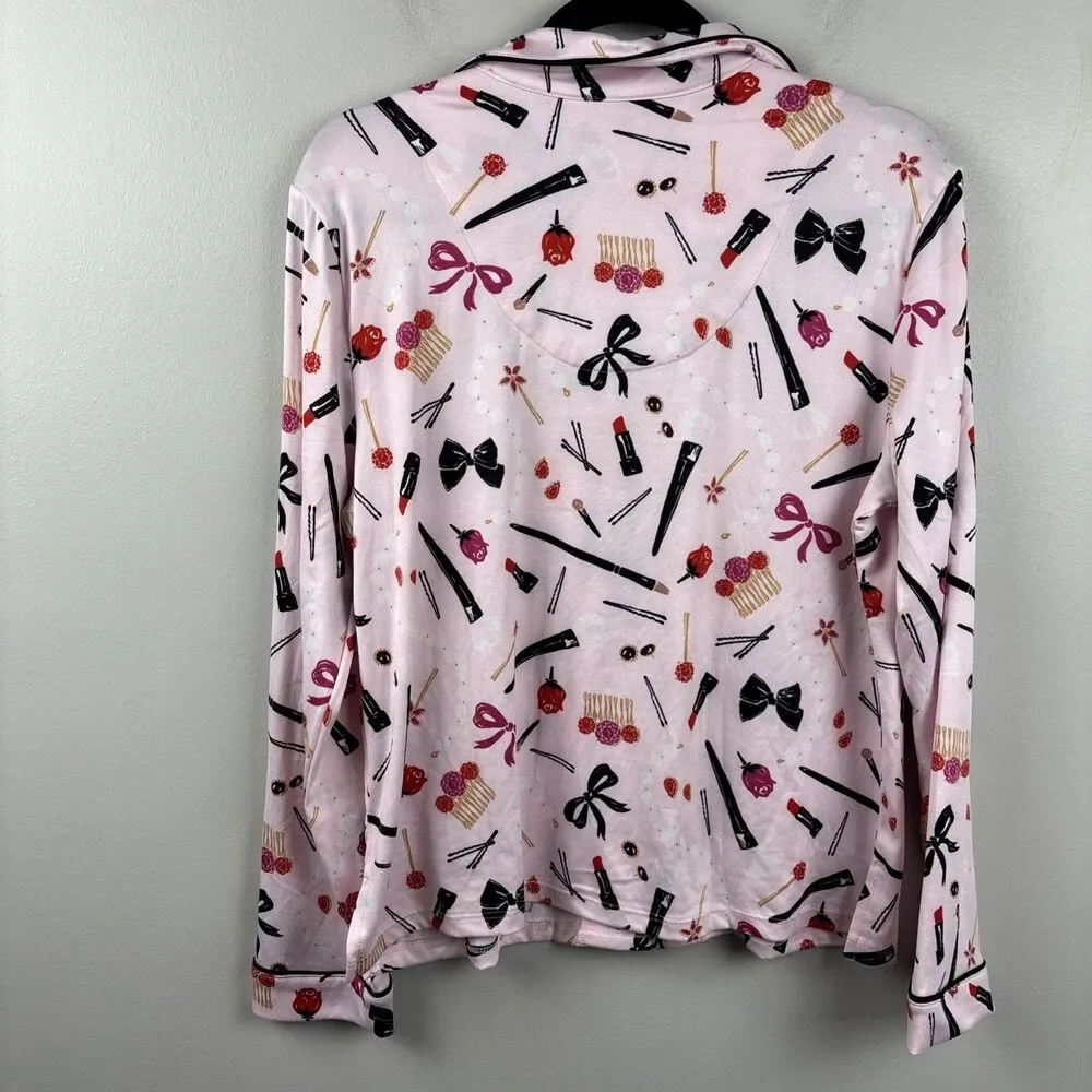 Kate Spade S Pajama Top Pink Long Sleeve Button Lipstick Bow Makeup (no Pants)